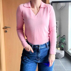 Lands' End Pink 100% Cashmere Long Sleeve Knit Sweater Polo Shirt XS Petite